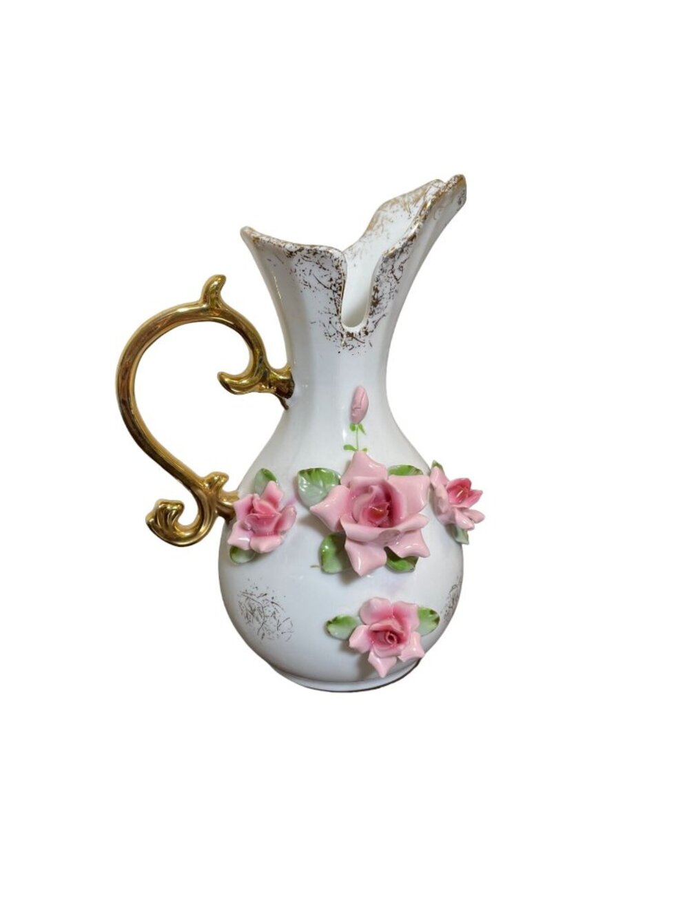 Vintage Lefton China Small Hand Painted Pale Pink 3D Roses Vase/Pitcher